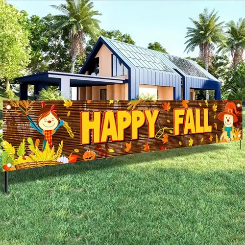 HOMETITUTE Happy Fall Banner 118 x 20 inchs Fall Thanksgiving Outdoor Party Decorations Banner Autumn Maple Scarecrow Yard Hanging Decor Autumn Thanksgiving Pumpkin Yard Banners
