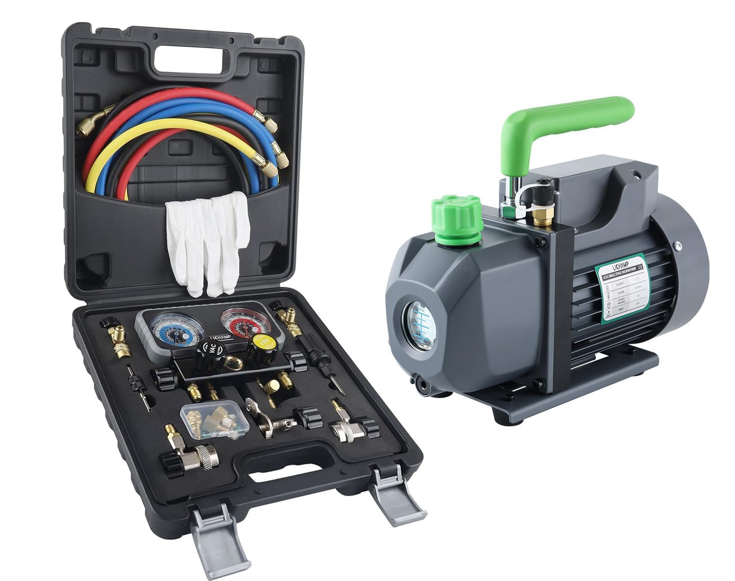 Lichamp HVAC R410A Manifold Gauge Set AC R134A, Freon R22 R32 410A 134A Diagnostic Manifold Gauge and 1/4 HP 3.5 CFM Vacuum Pump, HVAC Single Stage Vacuum Pump for R134a R410a R22 R12