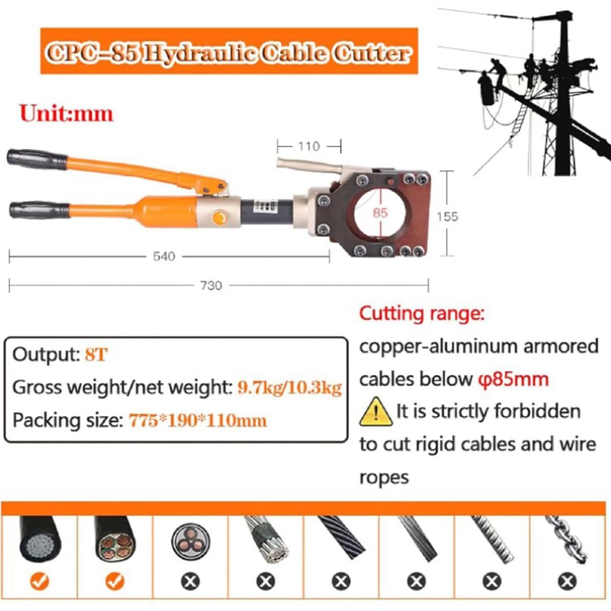 COYEUX Hydrauliczne narzędzie do cięcia kabli, wytrzymałe narzędzie tnące, ręczne nożyce do prętów stalowych, frez do śrub 7t/8t/10t, do cięcia kabli Cu/al i opancerzonych 50 mm