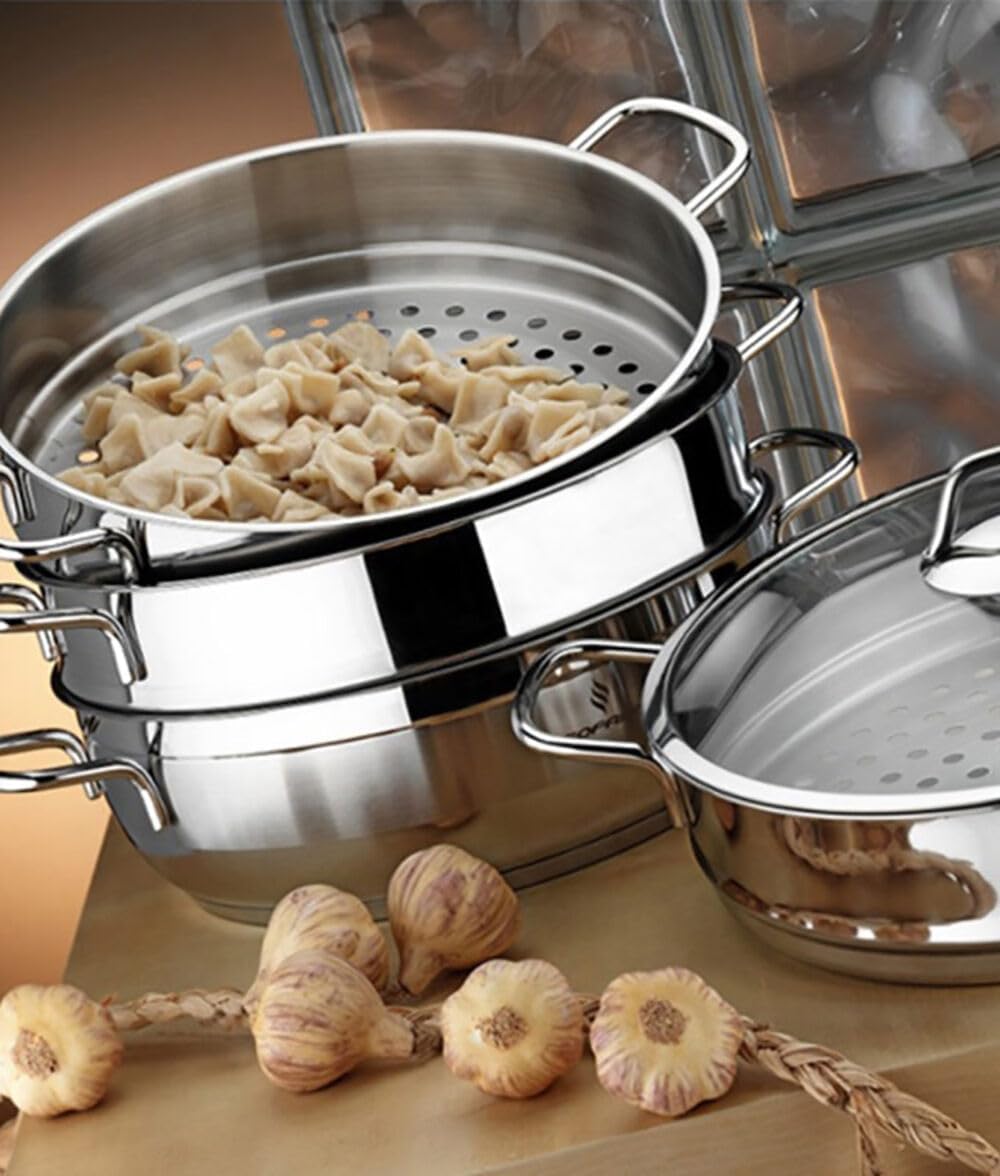 Stainless Steel Dumpling Steamer (3-tiered), Stainless Steel Steam Pot Cookware with Lid for Vegetable, Dumpling, Stock, Sauce, Food,Cookware Set