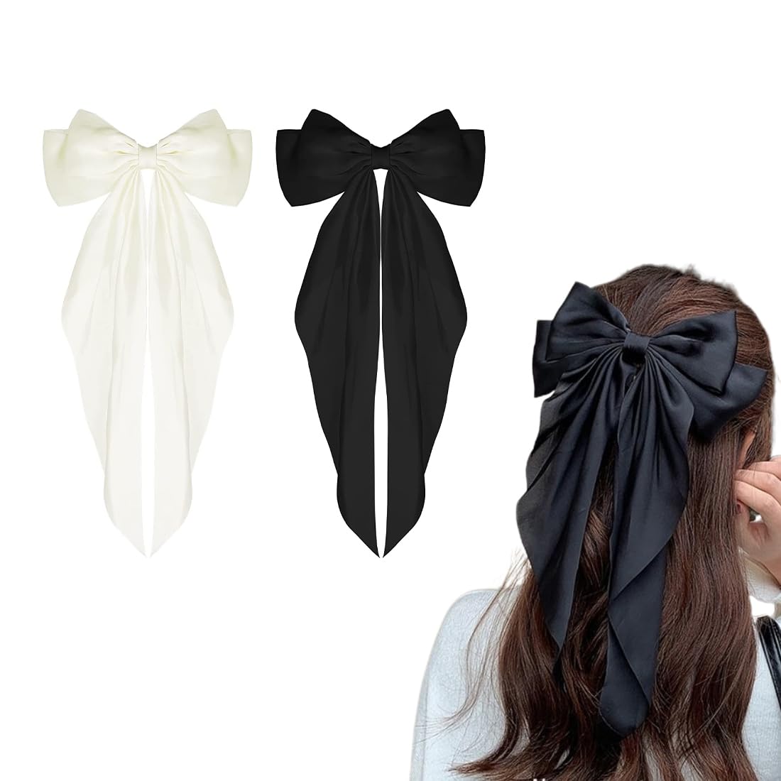 JOCXZI Hair Clips with Large Bow, Large Bow Hair Clips, Long Tail, Plain French Simple Hair Closure for Party, Christmas, Women, Girls (2 Pieces, White, Black)