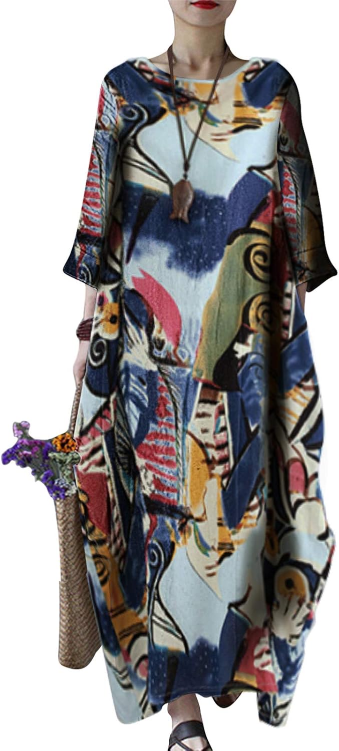 Celmia Autumn Solid Loose Long Maxi Dress Cotton Caftan