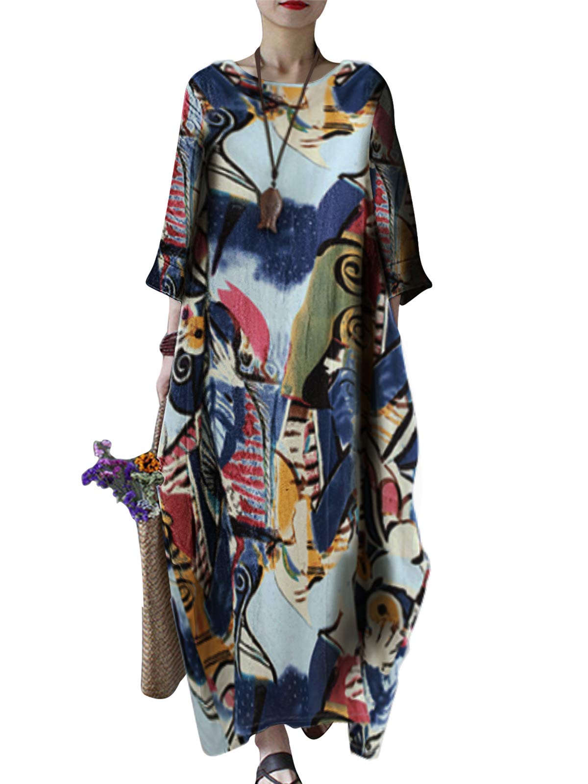 Celmia Women's Kaftan Dresses Round Neck Cotton 3/4 Sleeve Dress with Pocket Graffiti