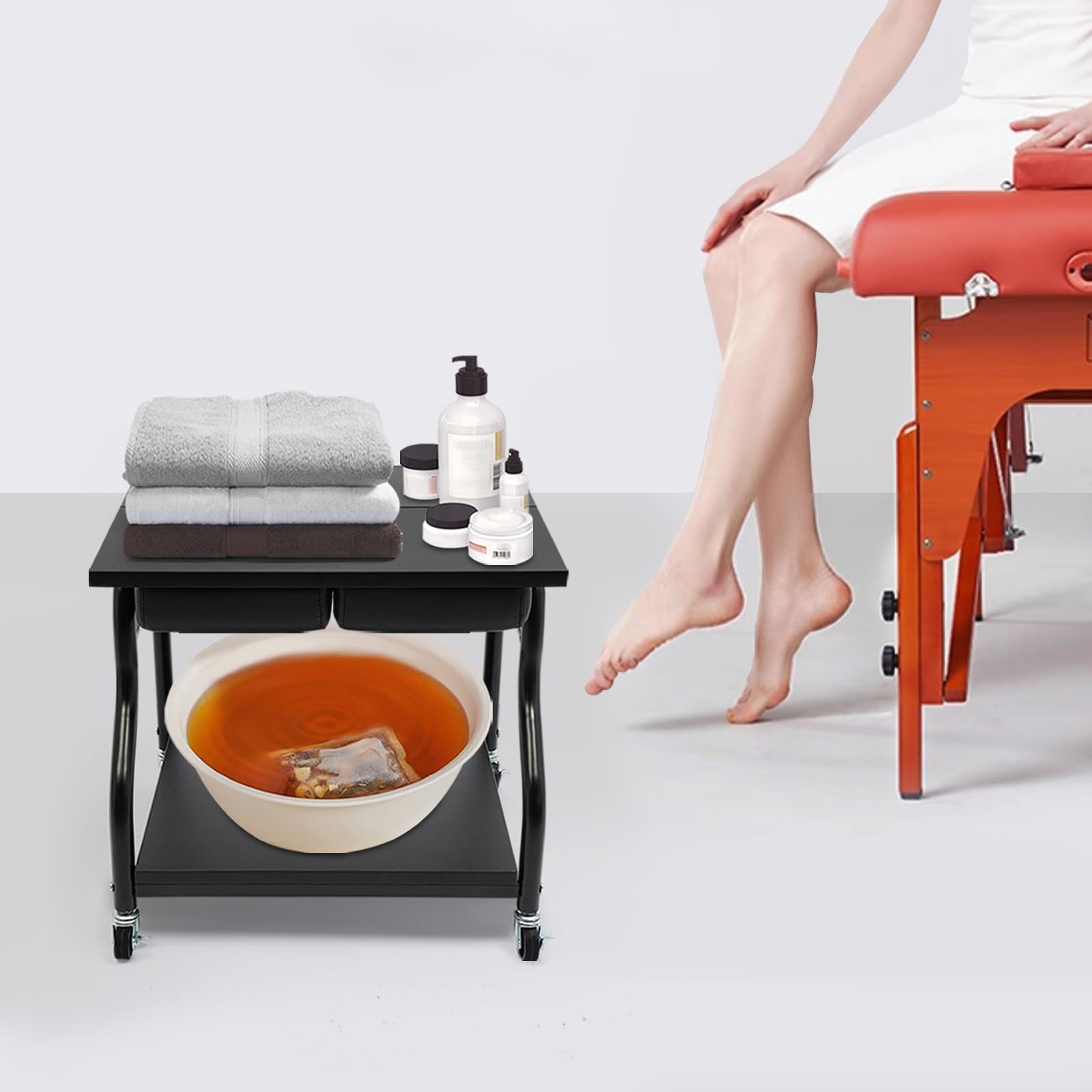 Silla de pedicura móvil con 2 niveles para pedicura, taburete de salón de belleza, reposapiés, reposapiés, reposapiés, salón de belleza y salón de uñas, color negro