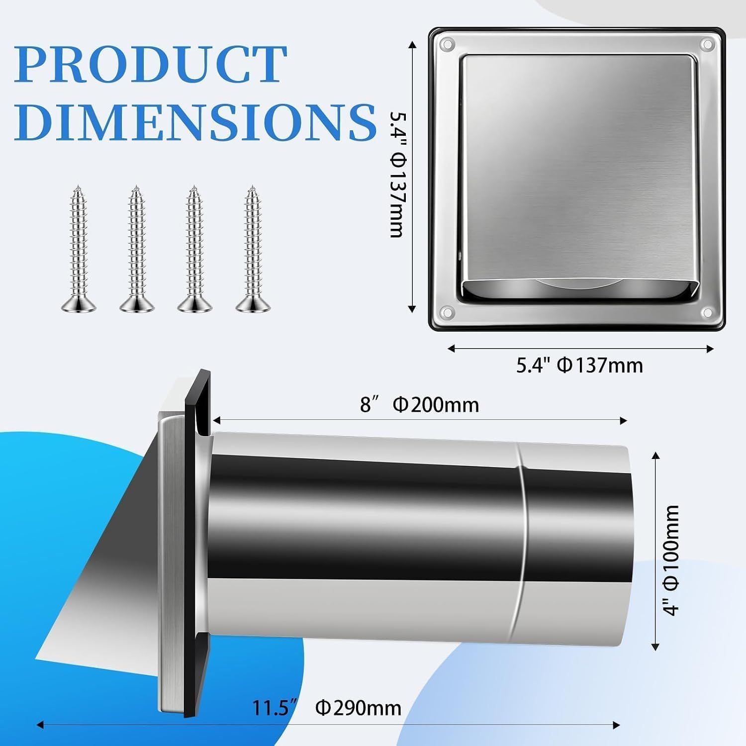4" Dryer Vent Cover Outside Dryer Exhaust Vent with Removable Extended Pipe Stainless Steel Hood Cushioned Non Return Flap with Sealing Gasket Grille Screen for Exterior Walls