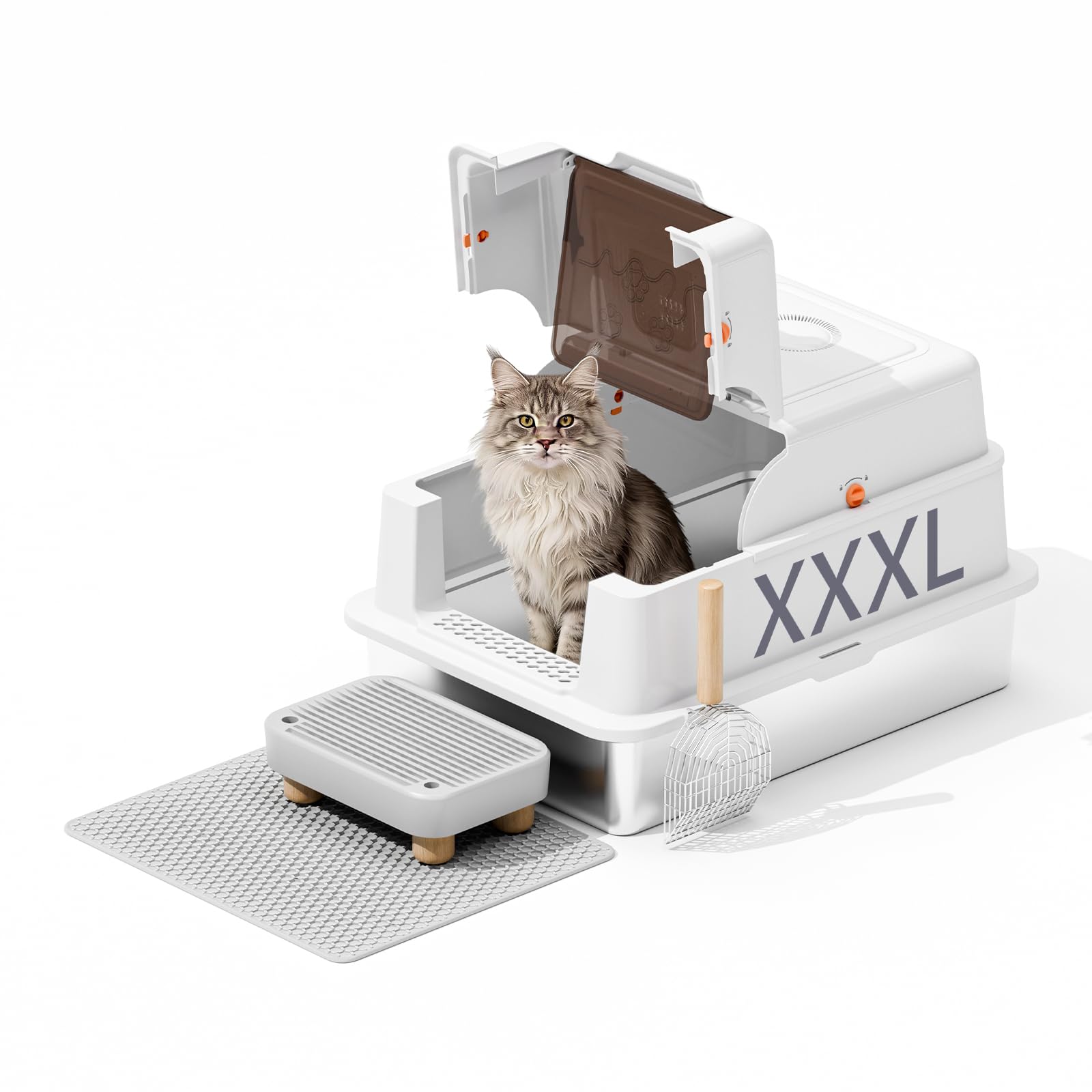 Stainless Steel Litter Box with Lid, 28" Extra Large Cat Litter Pan, Enclosed Metal Litter Box with Litter Scoop & Filter Pedal, Anti-Leakage, Odor Free, Non-Sticky, Anti-Leakage, Easy Cleaning