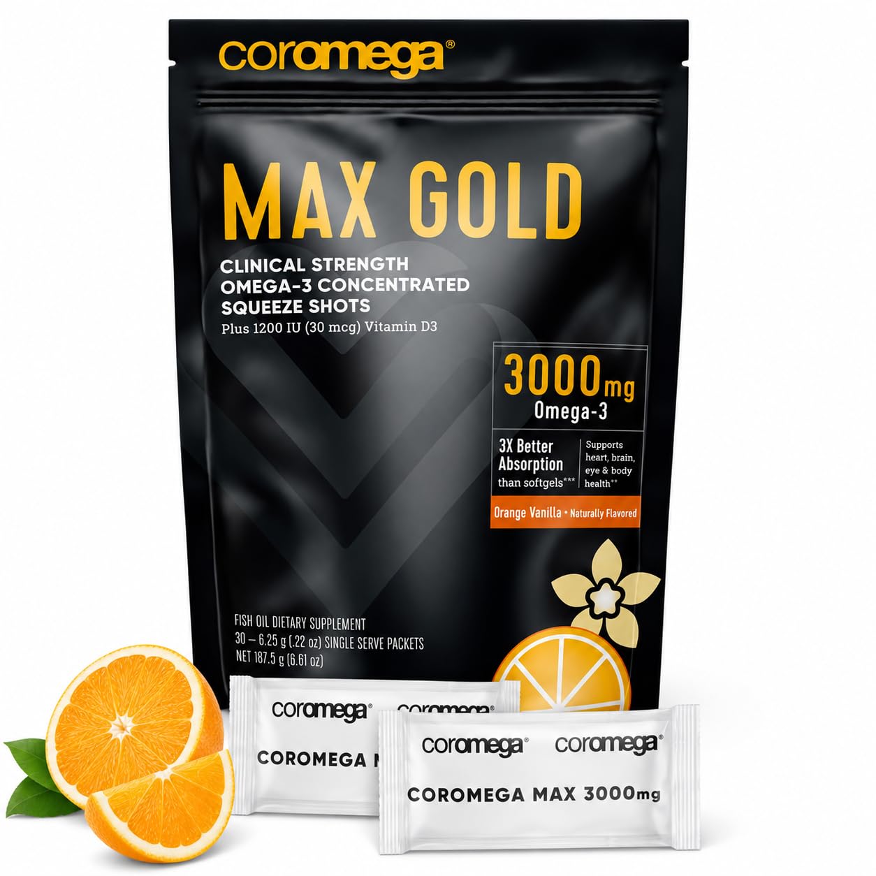 Coromega - MAX Gold Omega-3 Fish Oil + Vitamin D - 30 Packets - Orange