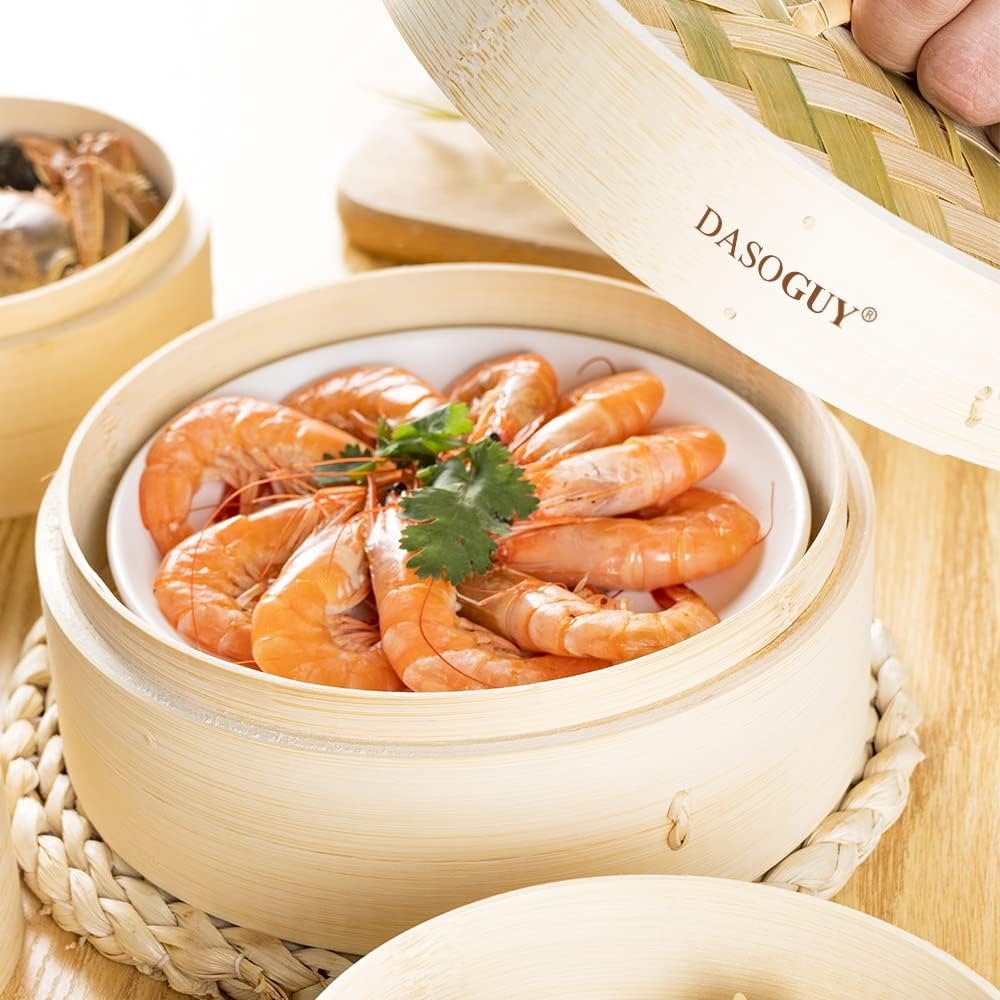 Premium 12 Inch Handmade Bamboo Steamer, 2 Tiers Steam Basket for Dumpling Dim Sum Bao Bun Rice Vegetables Meat & Fish Chinese Food, Present 2 Cotton Liners