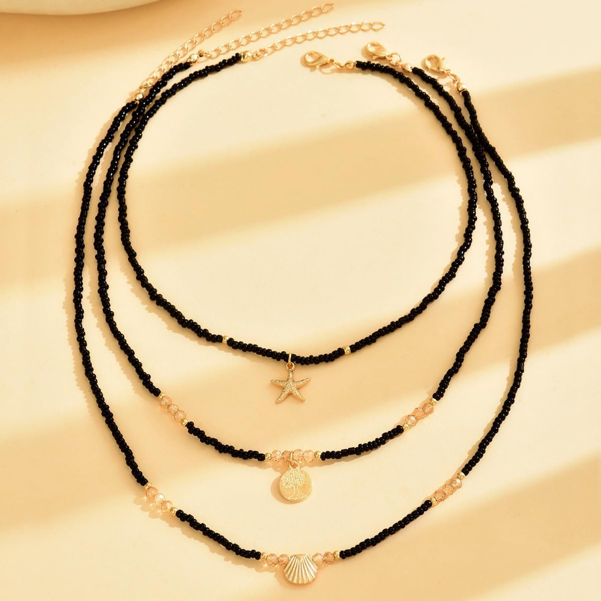 Layered Starfish Beaded Necklace For Women Boho Rainbow Rice Beads Necklace Adjustable Beaded Star Pendant Collarbone Chain Summer Beach Vacation Jewelry For Women - Image 6