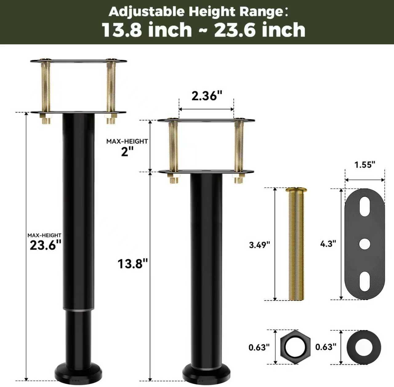 Adjustable Bed Frame Support Legs 13.8-23.6 inch, Bed Support Legs for Bed Frame/Bed Center Slat/Furniture,Metal Bed Center Slat Heavy Support Leg (2 Pcs)
