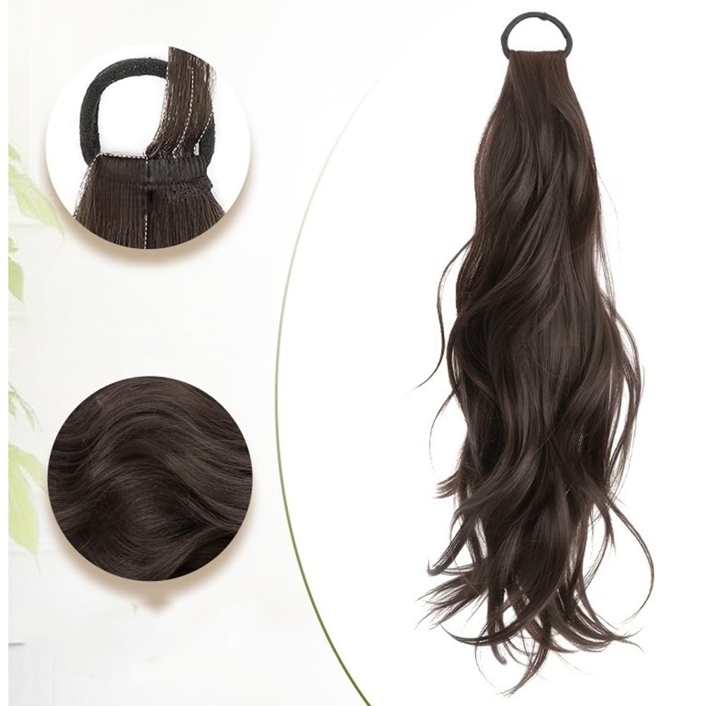 Ponytail Extension 19IN Long Wavy Ponytail with Elastic Hair Tie Looking Natural Fiber Hairpiece for Women (Brown Black)