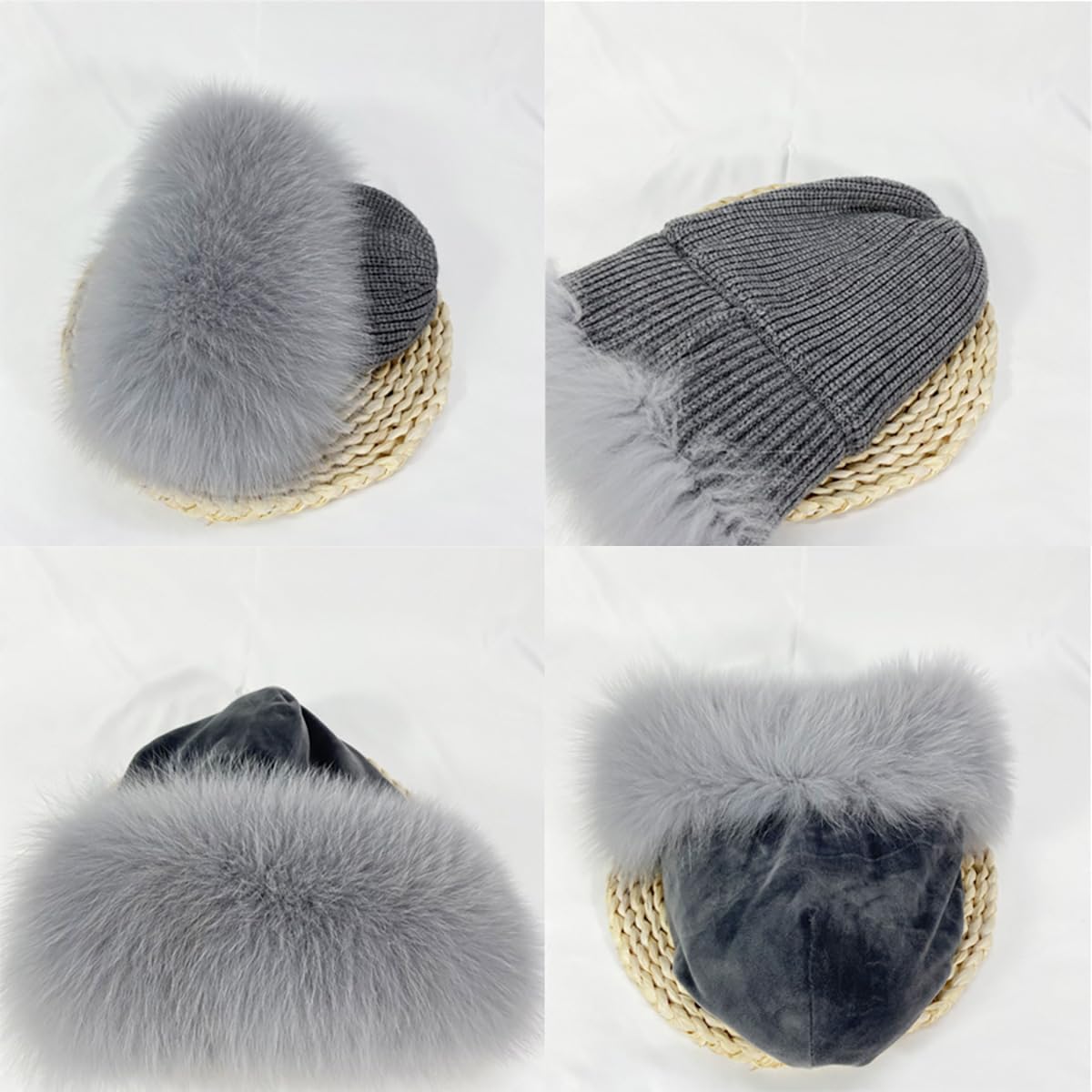 Women Faux Fur Trimmed Winter Fashion Hat Knit Furry Hats Thickened Warm Ski Hat
