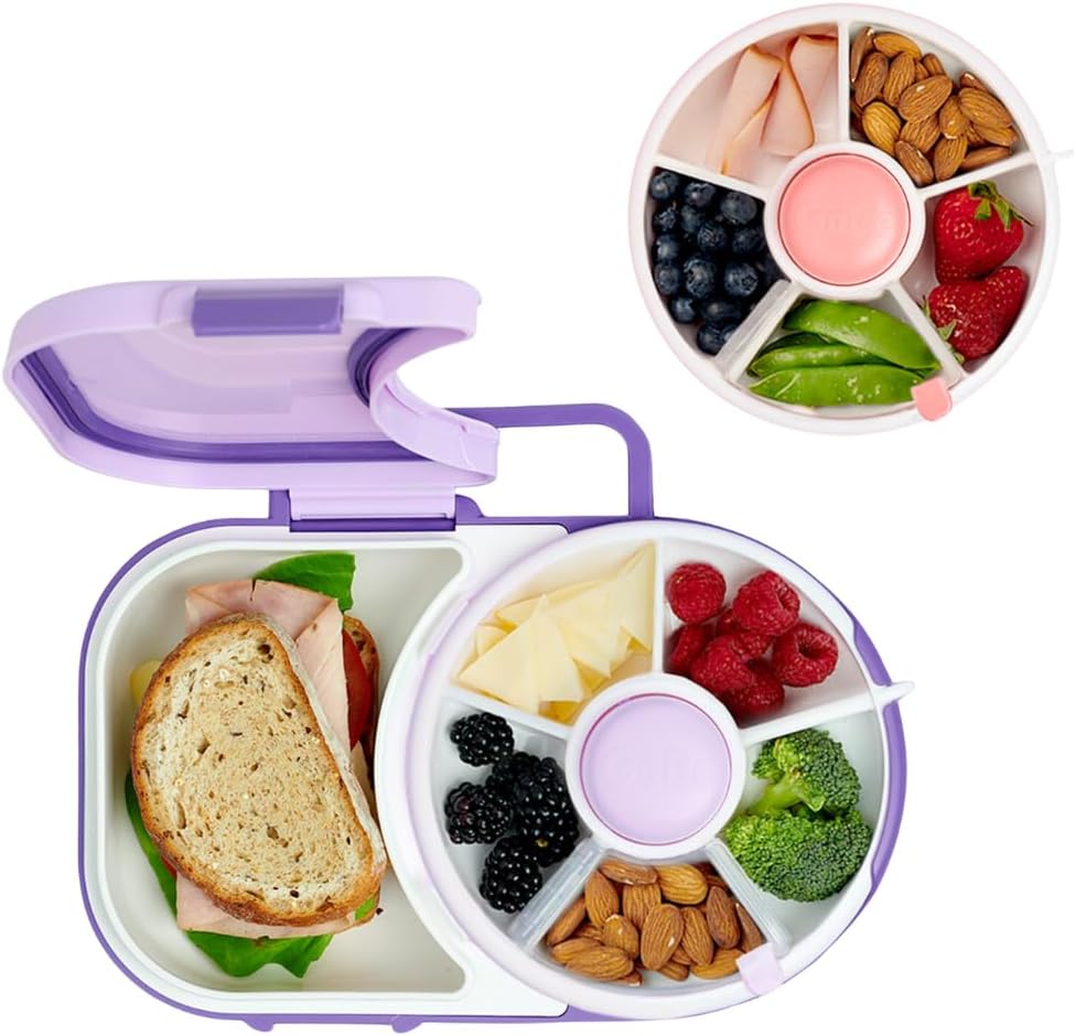 GoBe Kids Small Snack Spinner with 5 Compartment Dispenser + Lunchbox with Detachable Snack Spinner with 5 Small + 1 Large Sandwich Compartment - with Hand Strap & Sticker Sheet