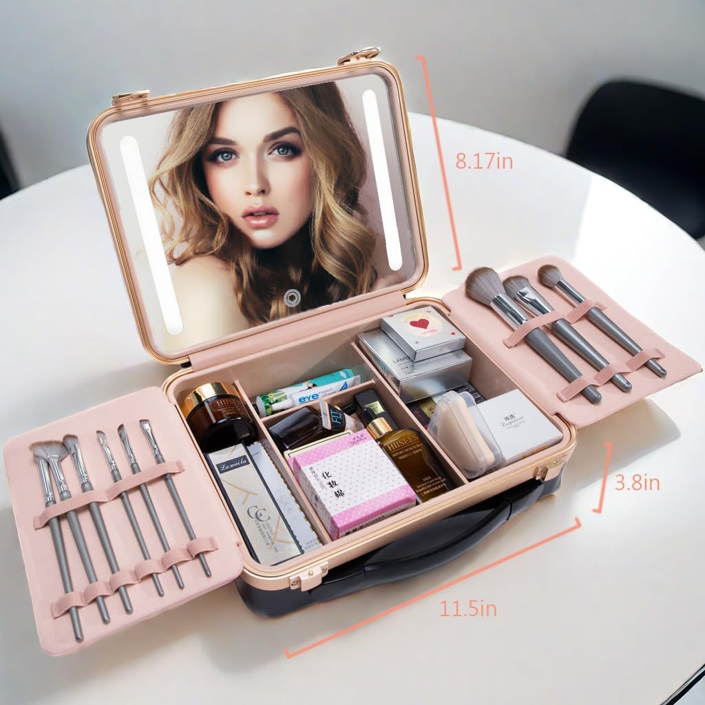 Makeup Case with LED Lighted Mirror, 11.5''x 8.7'' Portable Travel Makeup Organizer, Toiletry Storage Makeup Bag Gift for Lady, DIY Dividers Makeup Box with 5X Magnifying Mirror (Black)
