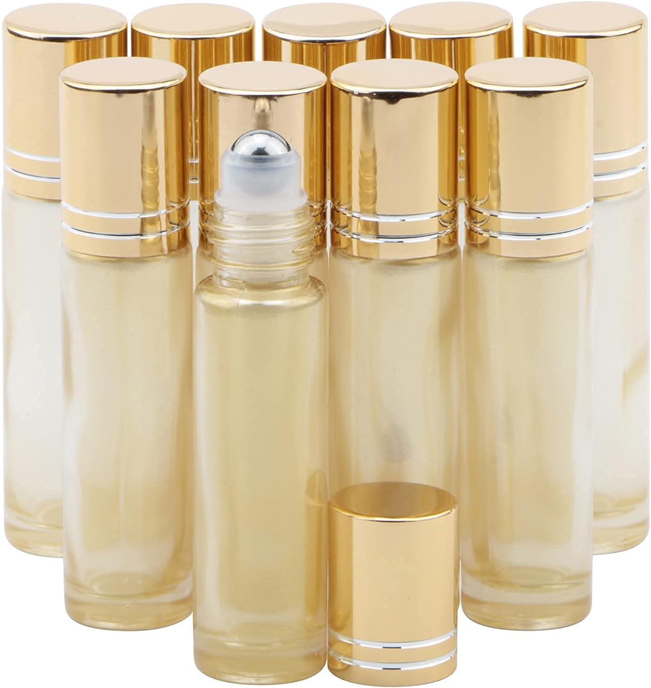 Rowiz 10 stuks etherische oliën op flessen, 10 ml navulbare lege glazen rollerballflessen met gouden dop voor zelfgemaakte parfumgeur, aromatherapie-oliën, parelmoer goud