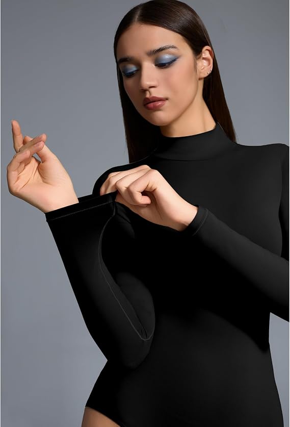 Womens Mock Turtleneck Bodysuit Long Sleeve, Double lined Body suit Top Suitable for Going out
