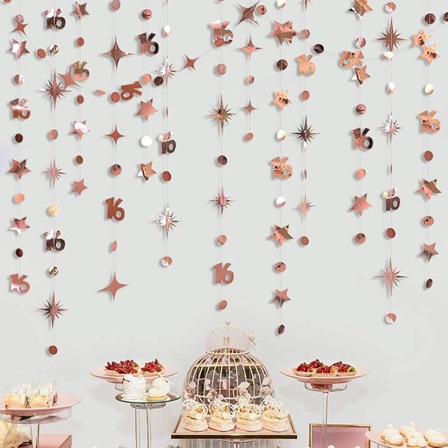 Rose Gold Number 16 Circle Dot Twinkle Star Garland Kit Metallic Hanging Streamer Bunting Banner Backdrop Decorations for Girls 16th Birthday Sweet Sixteen Wedding Anniversary Bridal Shower Party