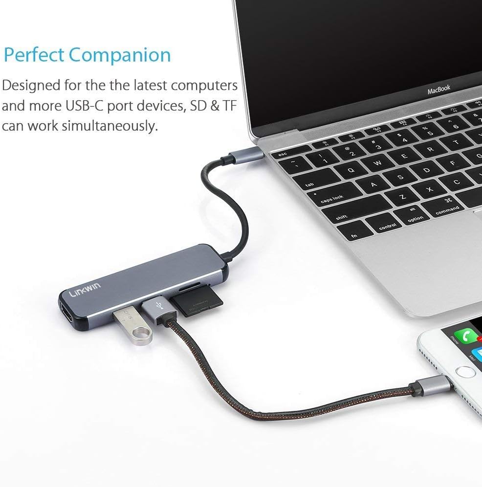 Best Deal USB C Hub, LINKWIN 5-in-1 USB C Adapter, with 4K USB C to HDMI, SD and microSD Card Reader, 2 USB 3.0 Ports, for MacBook Pro 2019/2018/2017, iPad Pro 2019/2018, Pixelbook, XPS, and More(Thunderbolt 3)