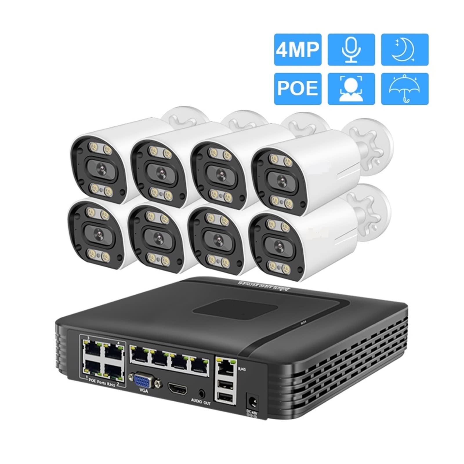 Kamer Bezpieczeństwa Smar 4MP HD POE NVR Kit AI Wykrywanie Twarzy Nagrywanie Dźwięku Kamera IP Zewnętrzny Zestaw Nadzoru Wideo(None,4CH NVR and 3 Camera)