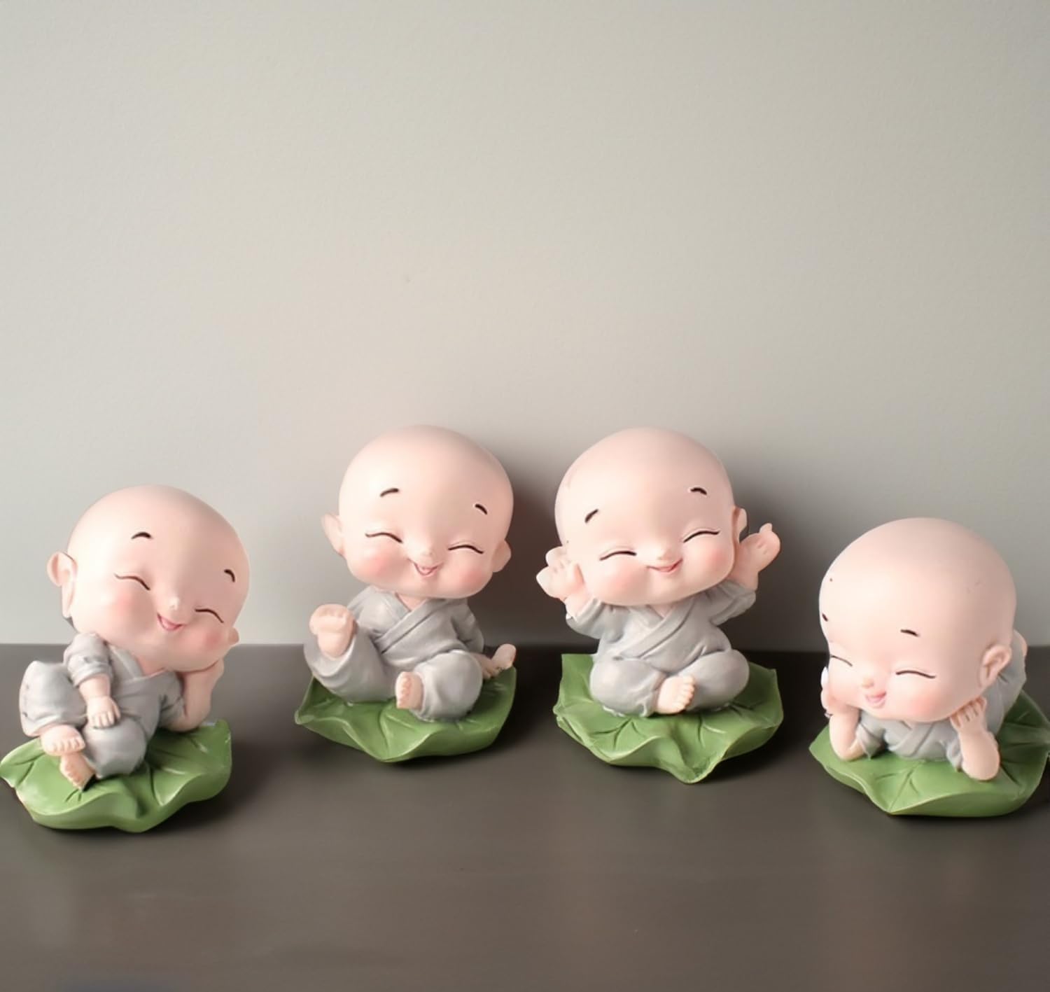 HC VILLA Little Baby Monk Buddha Set of 4 | Miniature Buddha Statues for Home Decor, Car Dashboard, Office & Gift | Peaceful Laughing Buddha Figurines Decorative Showpiece