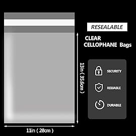 SOMIOCO Clear Self Seal Cello Cellophane Resealable Poly Bags 1.4 mils Adhensive OPP Goodie Bags for Packaging Clothing, T Shirts, Party Decorative Gift 11X14 In 50 pcs