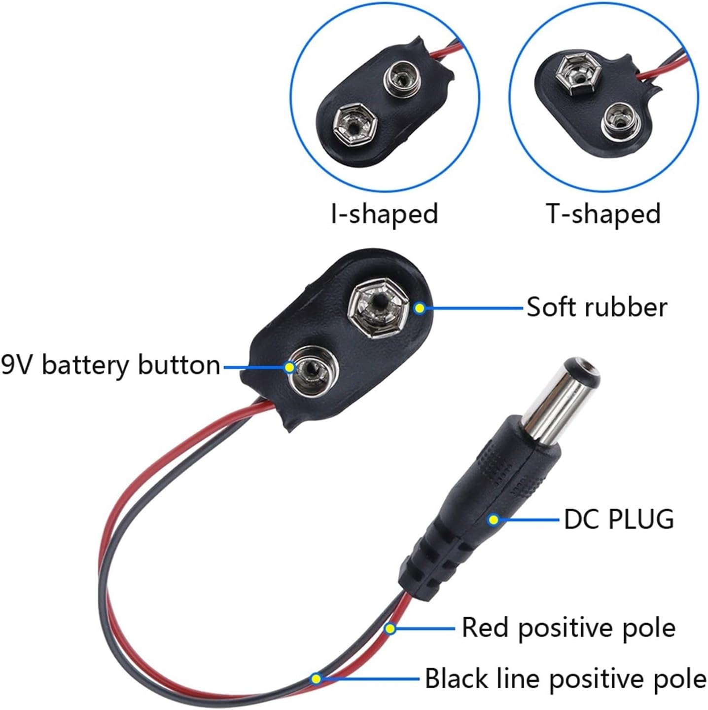 9V Connector Power Clip DC Jack Male Female Alligator Clip Adapter Wire Holder Cable(I Teype,5PCS)