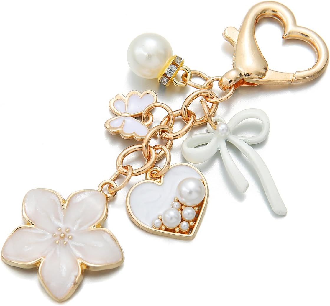 PHAETN 10PCS White Cosmetics Heart Shape Charm Keychain Ladies Key Ring with Pearl Flower, Butterfly Bow and Handbag Pendants Wedding Festival Favor Birthday Gift for Women Gift