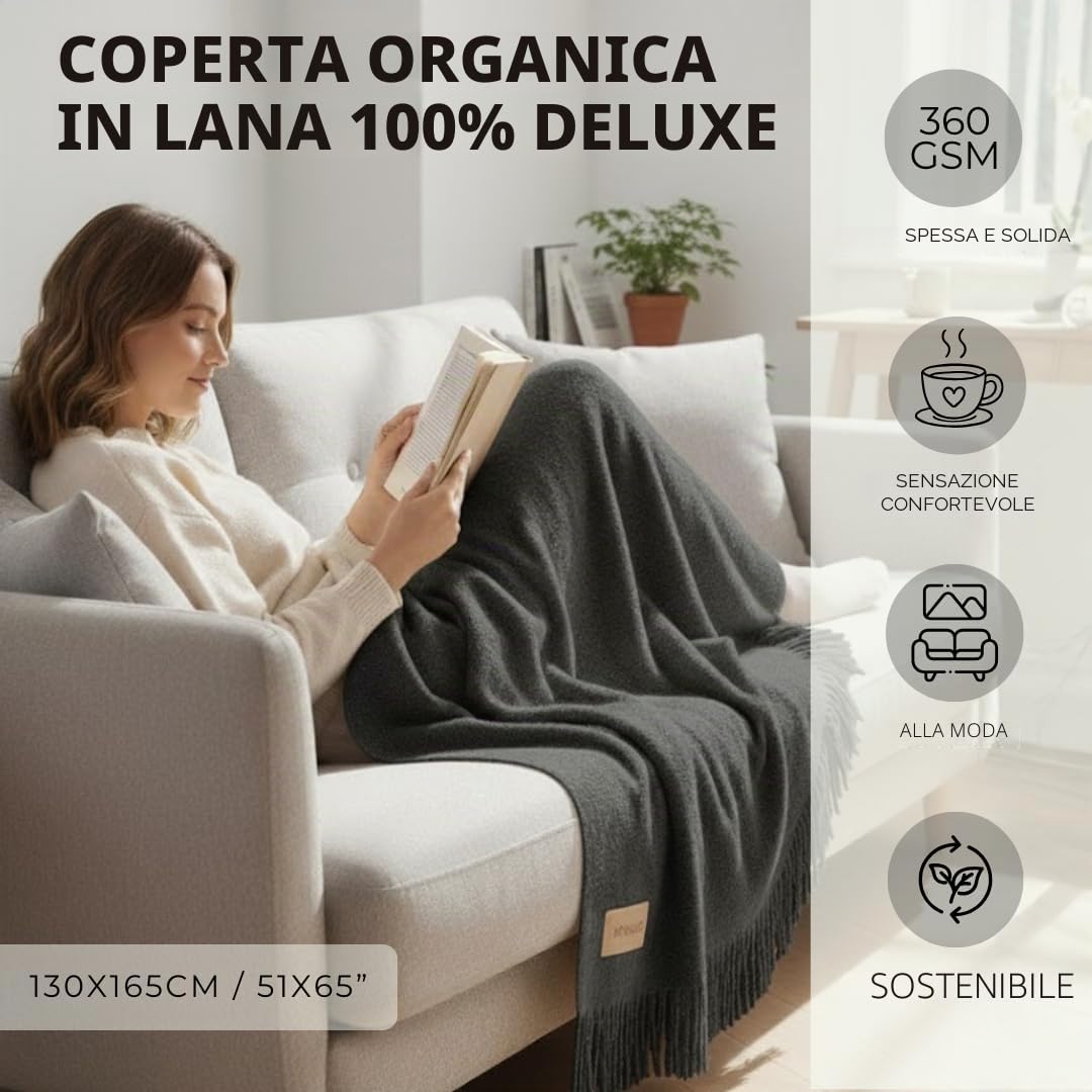Menique Coperta MILANO 100% Lana 125x180 cm Grigio Scuro - Plaid Extra Fine Spessa per Autunno