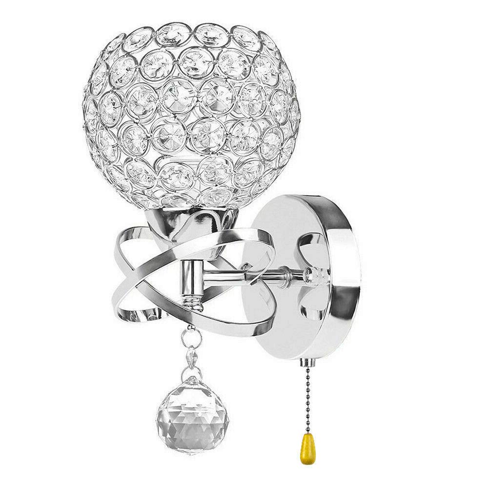 Ygapuzi Modern Crystal Wall Light Flush Mount Wall Sconces Lamp Chrome Finish Bedside Lighting Fixture with E14 Socket, for Living Room Bathroom Bedroom and Hallway (Pull Switch)