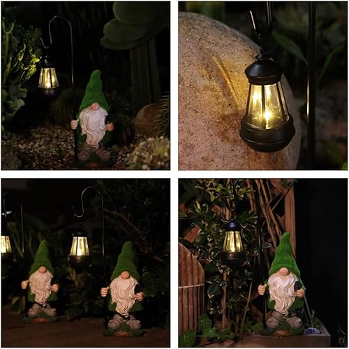 Miniatura 6 de Estatua de gnomo de jardín flocada con luz LED solar, figuras grandes y divertidas de gnomos de hadas con linterna solar, decoraciones de otoño al