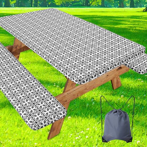 Image of misaya Picnic Table Cover with Bench Cover, Waterproof Elastic Fitted Tablecloth for 6 Foot Tables, Rectangle Washable Polyester Tablecloths for Picnic, Camping, Outdoor (Black, 30 inch x 72 inch)