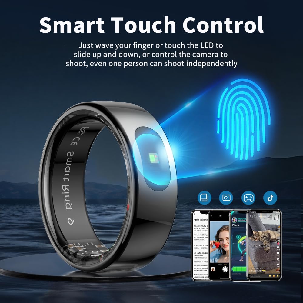 Anillo Inteligente | Seguimiento del Sueño | Seguimiento de Actividad | Función Táctil | Toma de Fotos Remoto | Luz indicadora | Duración de la batería de 5 a 7 días (negro, 8)
