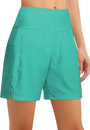 Womens 5" High-Waisted Swim Board Shorts with Liner and Pockets Quick-Dry Beach & Swimming Shorts