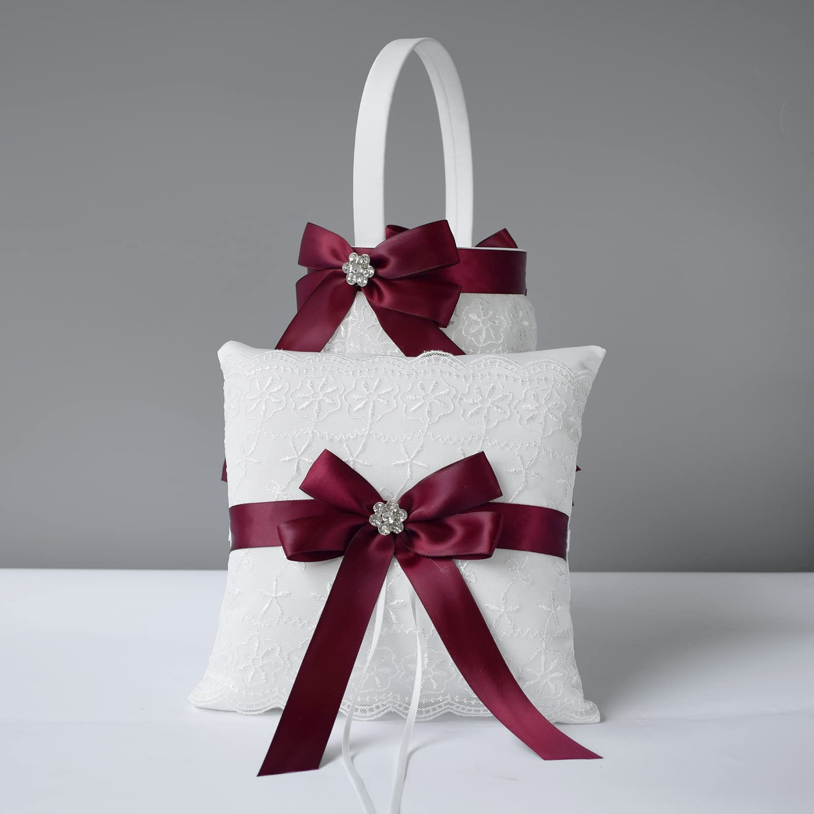 ATAILOVE Ensemble de paniers et coussins pour alliances de demoiselle d'honneur – Double dentelle accentuée motif royal (rouge)