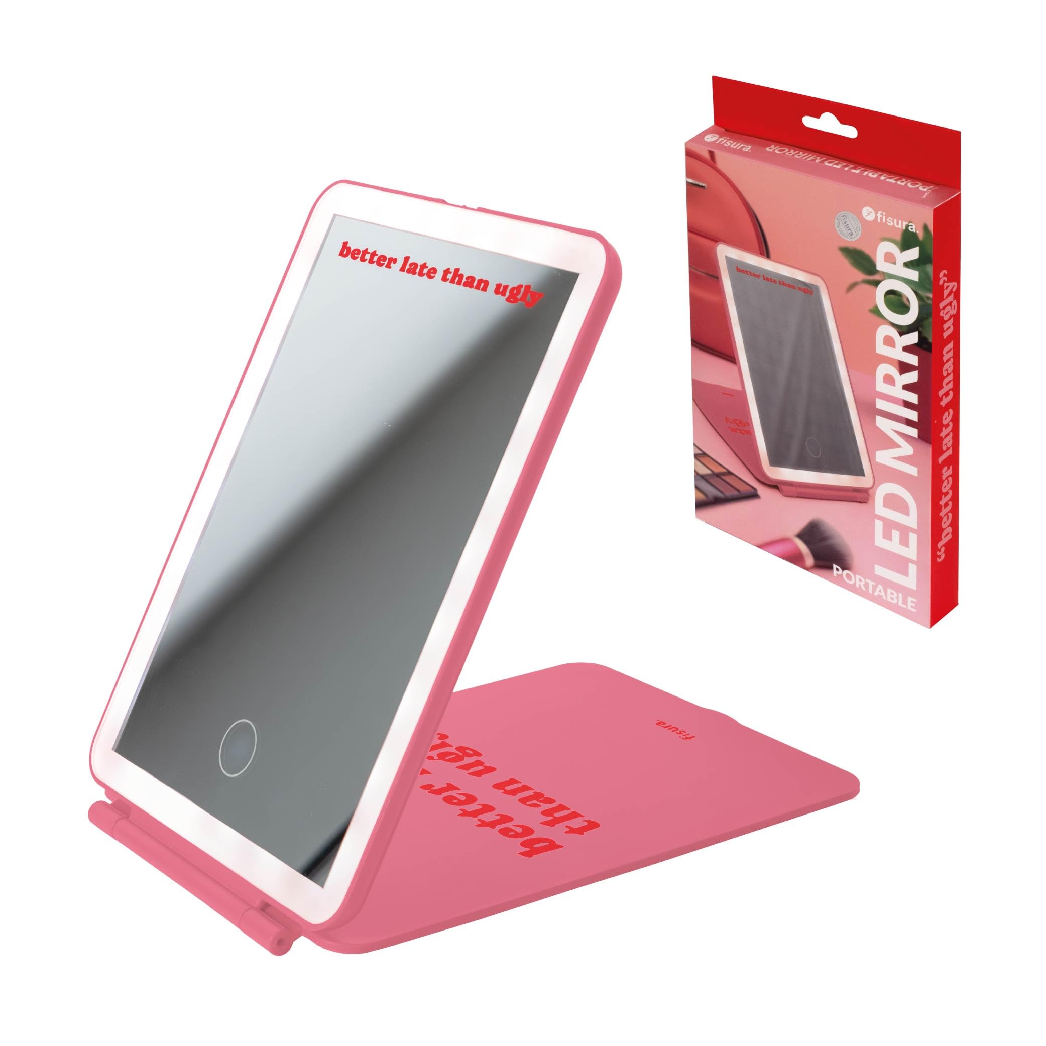 Fisura Pink And Red Original Travel Makeup Mirror "Better Late Than Ugly" Portable Makeup Mirror With Lights, 3 Light Colours, Adjustable Brightness, Foldable, Touch Control.