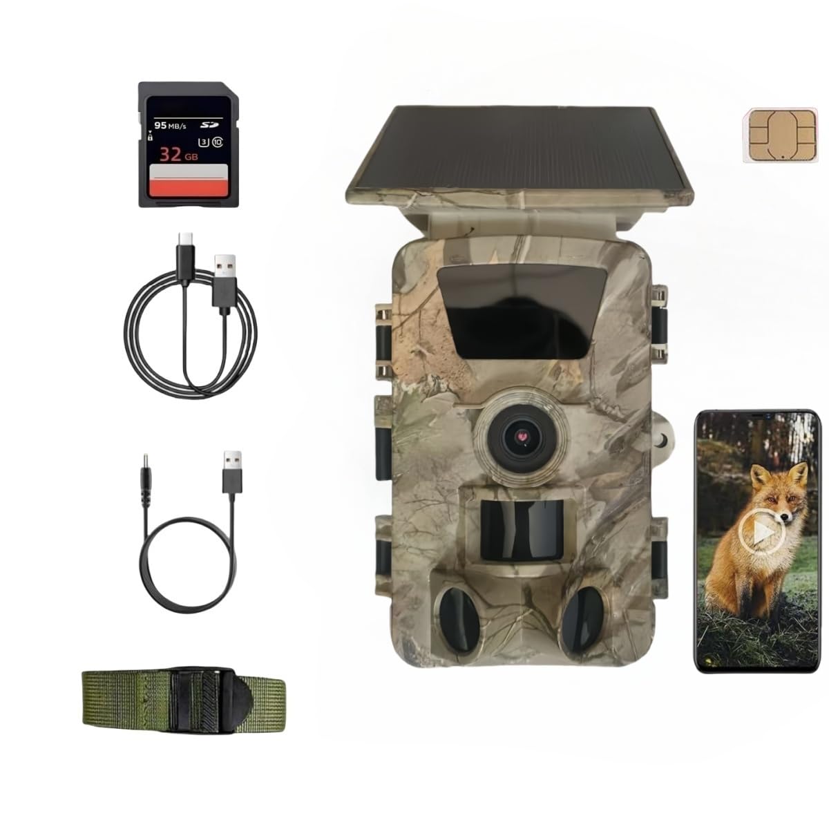 5K Wildkamera mit 4G LTE & Solar, Echtzeit-Handyübertragung via App, Super-Infrarot-Nachtsicht, 5200mAh Akku, 32GB SD-Karte, IP67 – Wildtierkamera mit SIM-Karte, Bewegungsmelder und Solaraufladung
