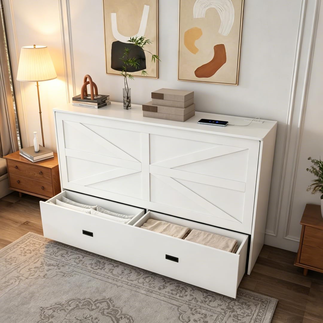 Photo 1 of ***PARTIAL SET - PRICE ADJUSTED*** Bellemave Full Murphy Bed with Mattresses and Charging Stations and Storage Drawer, Farmhouse Murphy Cabinet Bed with Foldable Panel, Noisy Free, for Guest Bedroom, Living Room, White