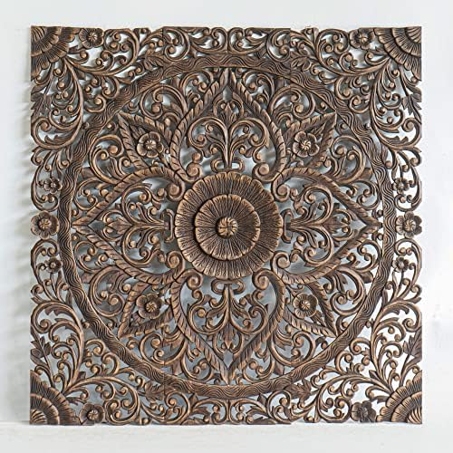 Queen Size Boho Carved Wood Bed Headboard Hand Sculpted Wall Art Hanging from Chiang Mai Thailand 60 Inches