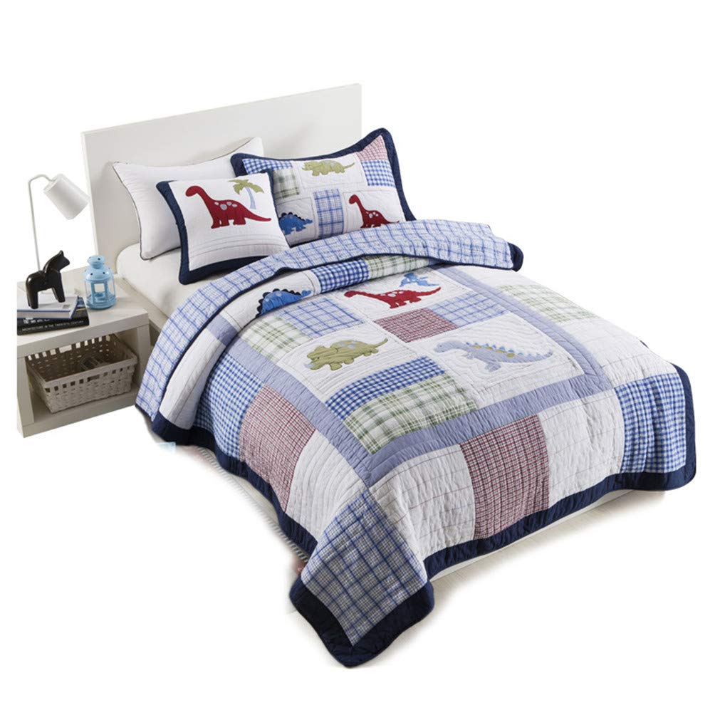 LMXJB 2Pcs Cartoon Dinosaur Patchwork Quilted Bedspread Set, 100% Cotton Kids Quilted Quilt with Pillowcase, Teens Children Boys Blue Stripe Lattice Coverlet Bedding, Twin 68X86''