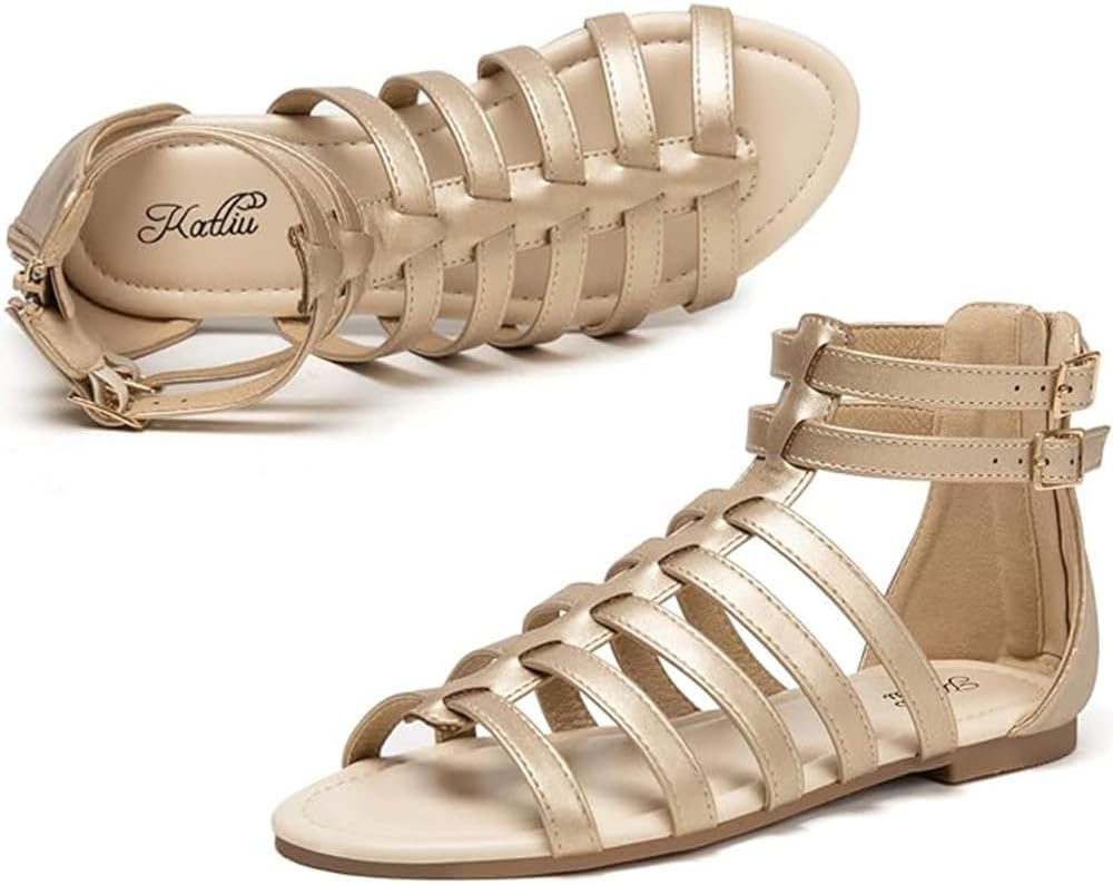 katliu Women's Gladiator Sandal Strappy Flat Sandals Two Ankle Buckle
