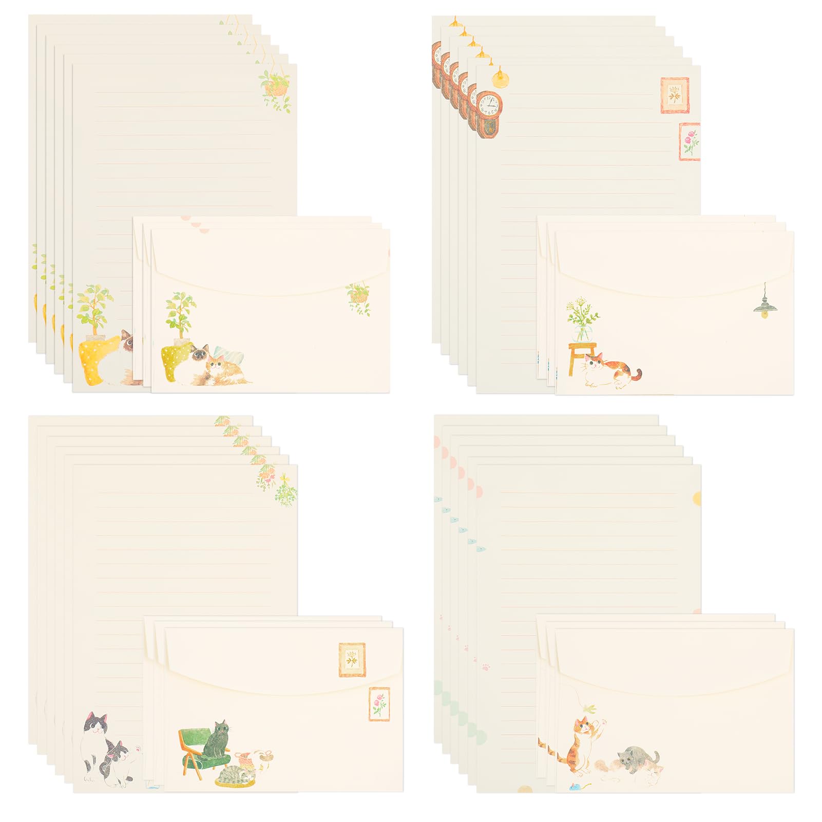 Candcamp 48 PCS Writing Paper and 24 Pcs Envelopes, Cats Letters Writing Set with Clear Sticker Paper and 5 Two-Sided Tape Stationery Set for Invitation Poem Greeting Cards