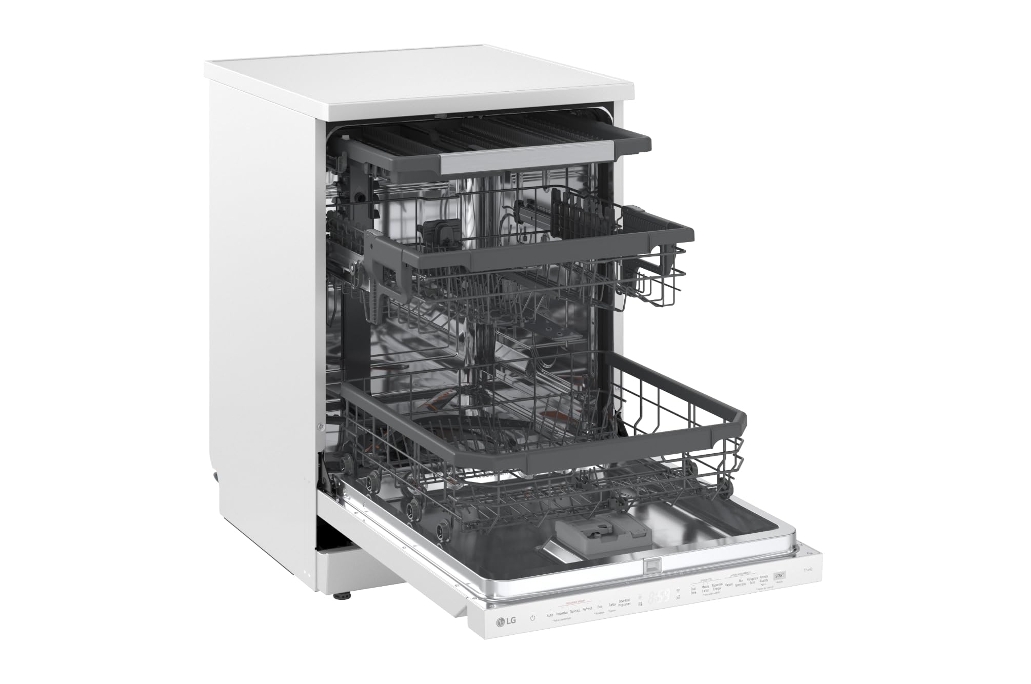 LG DF375HWS Lavastoviglie Libera Installazione Classe A, 14 Coperti, Lavaggio a Vapore TrueSteam, LED Esterno, Sistema QuadWash con 4 Bracci Irroratori, Serie 5, Auto-Apertura, 43dB, Wi-Fi, Bianco