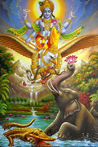Crafts of India Lord Vishnu on his Vehicle Garuda the savior/Hindu God Big Poster -reprint on paper (Unframed : Size 21"X31" Inches)