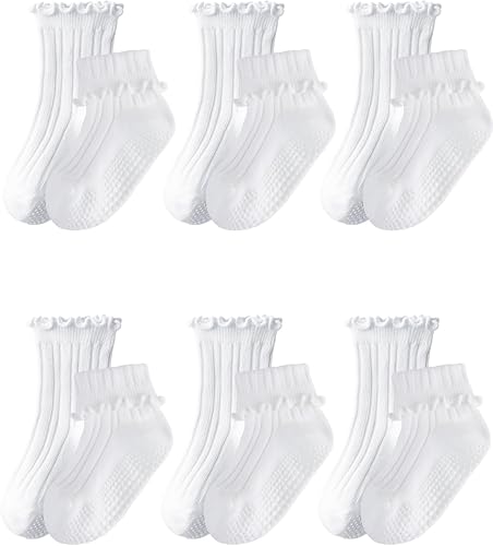 ALLOVIN 6 Pairs Non-Slip Ruffle Socks for Baby & Toddler Girls – Soft Cotton Grip Socks | 6 Pairs Off-white | 1-3 Years