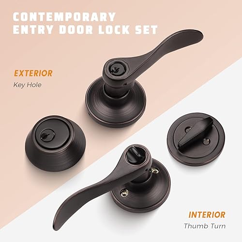 Miniatura 2 de KNOBWELL Juego de 2 manijas de puerta delantera con igual llave y cerrojo para puerta exterior, juego de cerrojos de un solo cilindro, bronce