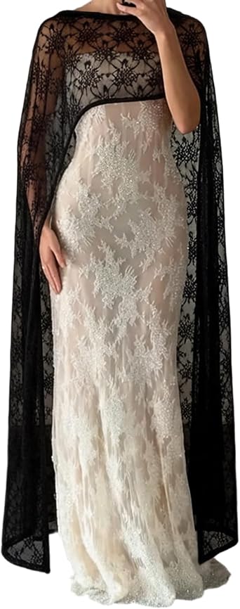 Amiblvowa Women Sheer Floral Lace Poncho Y2K Mesh Bridal Cape Shawl Wraps Asymmetrical Flowy Evening Party Cover Up Capelet