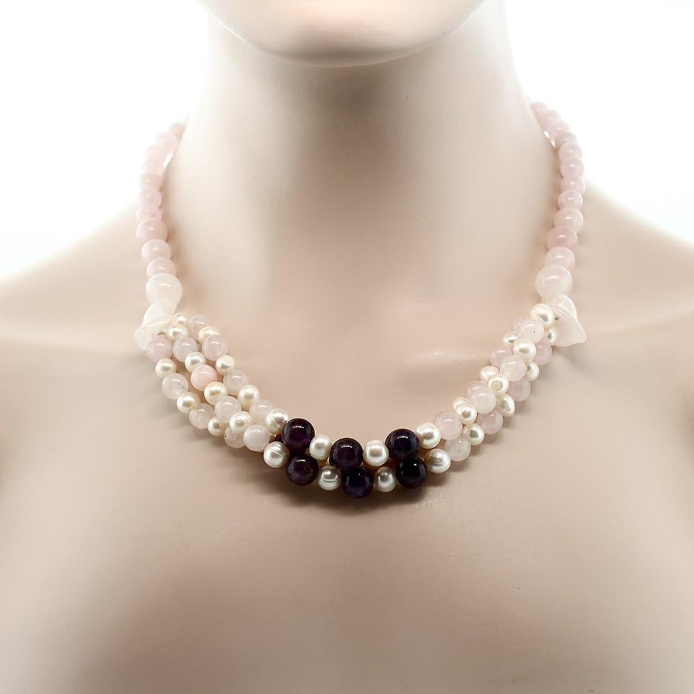 Gem Stone King Handmade Cultured Freshwater Pearls with Simulated Rose Quartz Amethyst Necklace 18 Inch For Women - Image 3