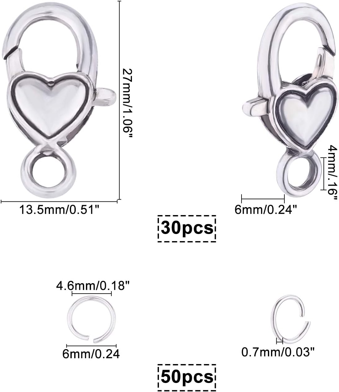 PH PandaHall 30pcs Heart Lobster Claw Clasps with 50pcs Jump Rings Antique Silver Necklace Clasps Bracelet Clasp Fastener Hook Clasp for Necklace Bracelets Jewelry Making Valentine's Day - Image 2