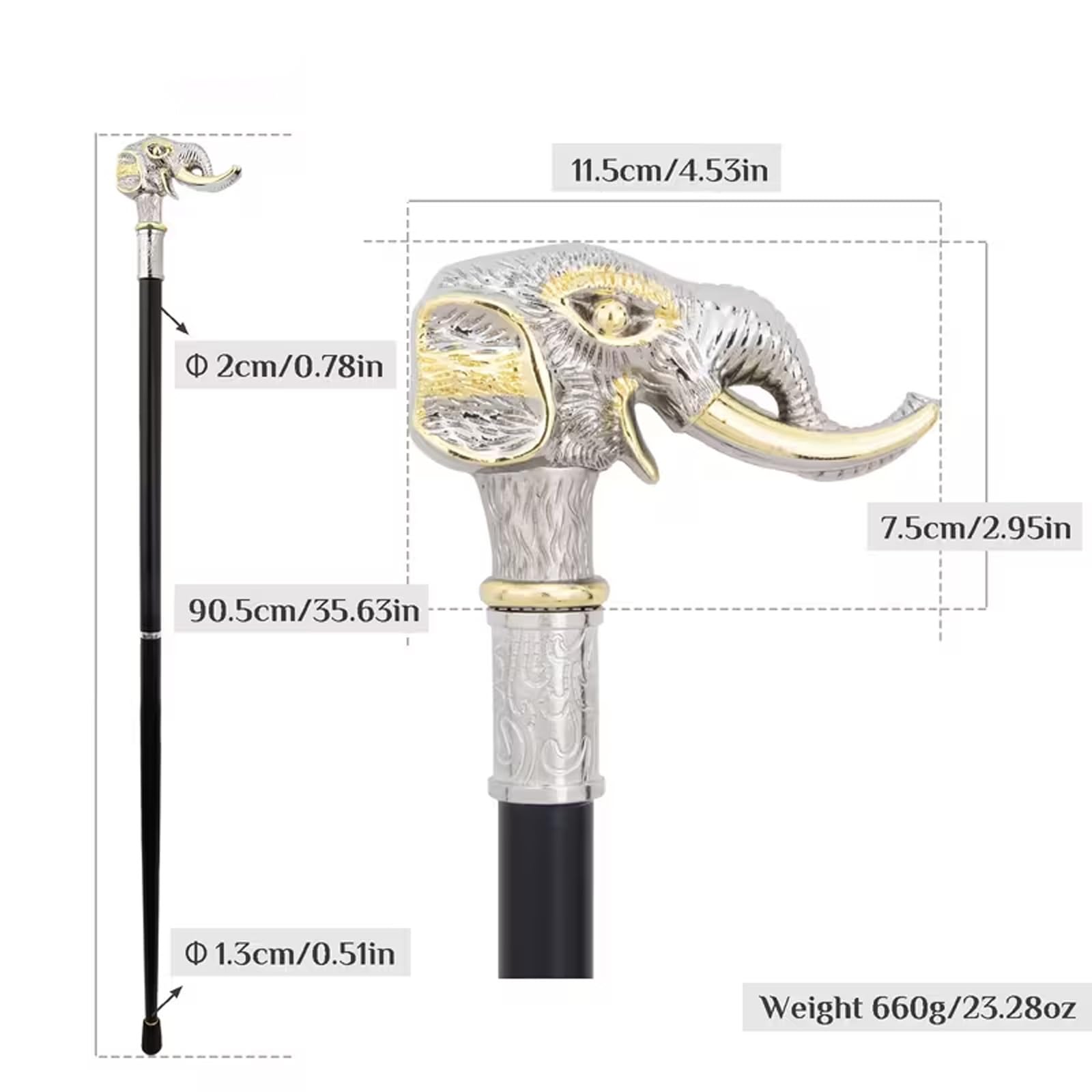 Bastón con Mango de Elefante, Bastón de Lujo para Hombre y Mujer, Cetro Antideslizante Extraíble, Cospaly Vintage Party 90 Cm