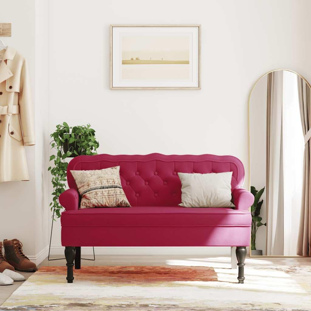Banc de rangement en velours bordeaux et bois noble pour le salon